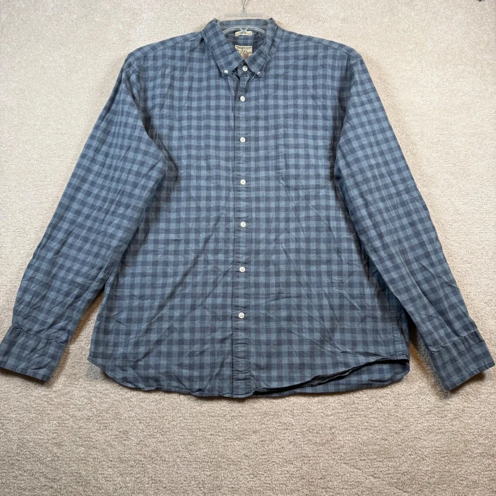 J Crew Slim Mens Blue‎ Buffalo Plaid Button Down Shirt Organic Cotton Stretch XL